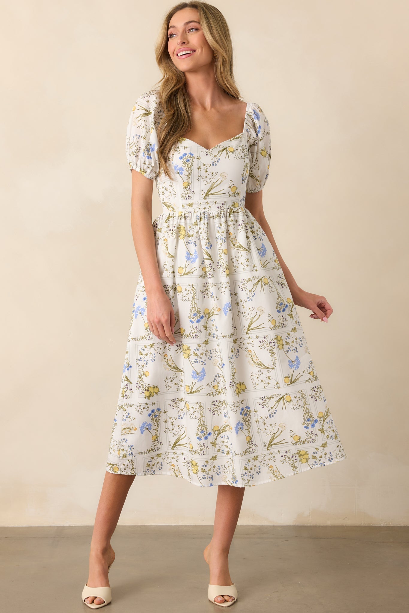The Best Way White Floral Lemon Print Cotton Midi Dress