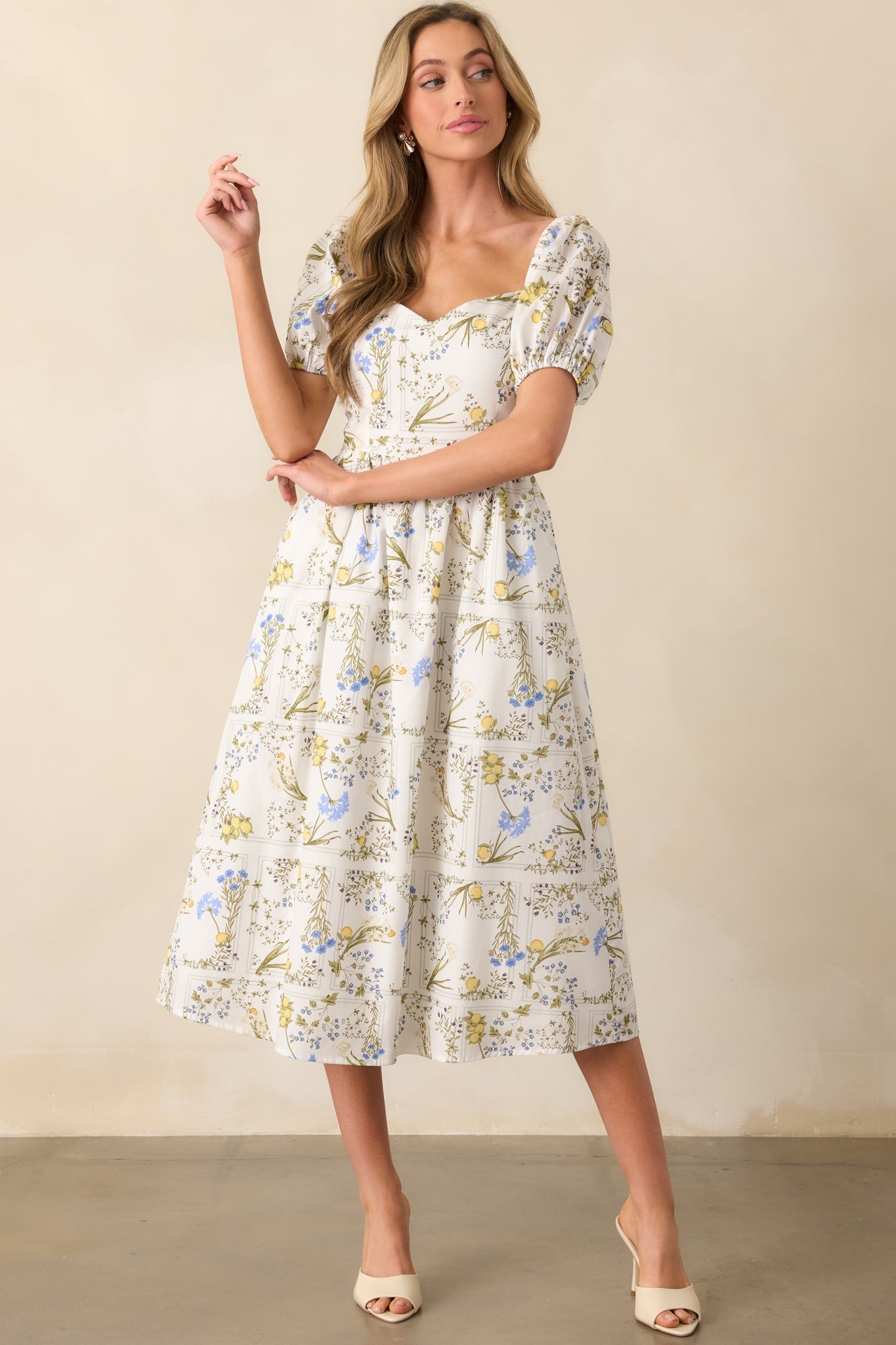 The Best Way White Floral Lemon Print Cotton Midi Dress