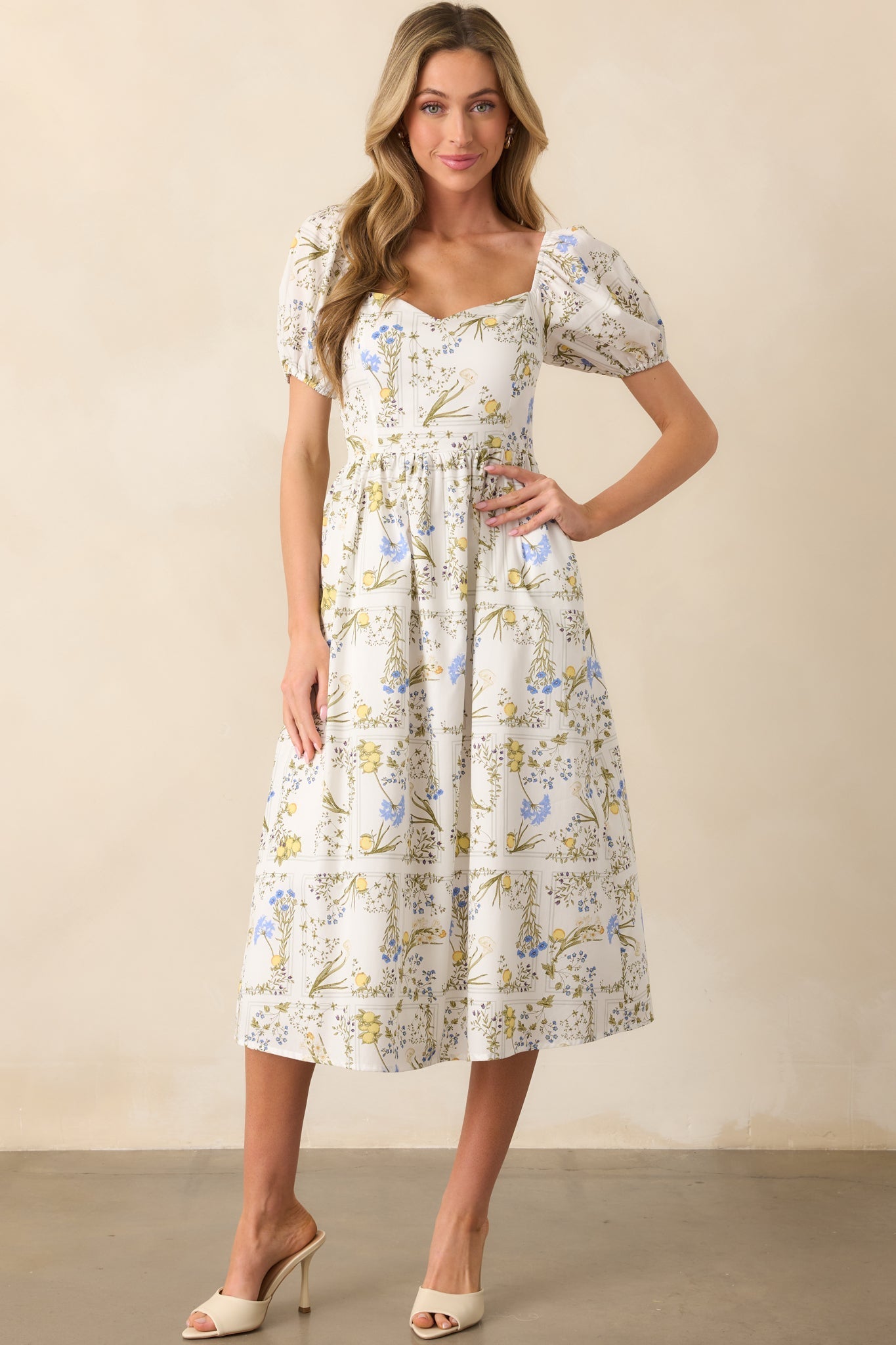The Best Way White Floral Lemon Print Cotton Midi Dress