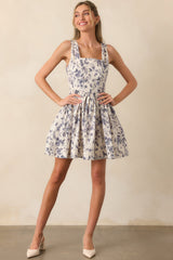 Everything Is Better Ash Blue Floral Toile Cotton Mini Dress