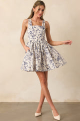 Everything Is Better Ash Blue Floral Toile Cotton Mini Dress