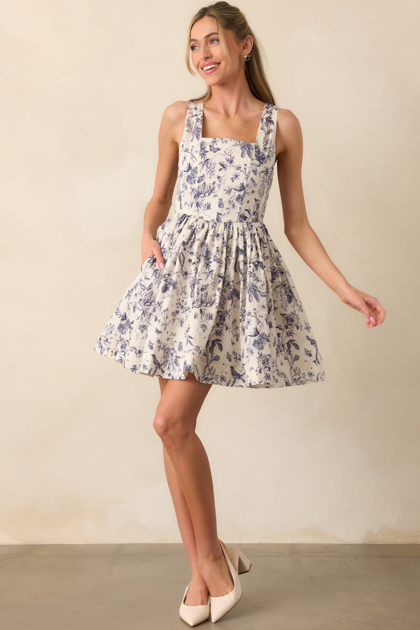 Everything Is Better Ash Blue Floral Toile Cotton Mini Dress
