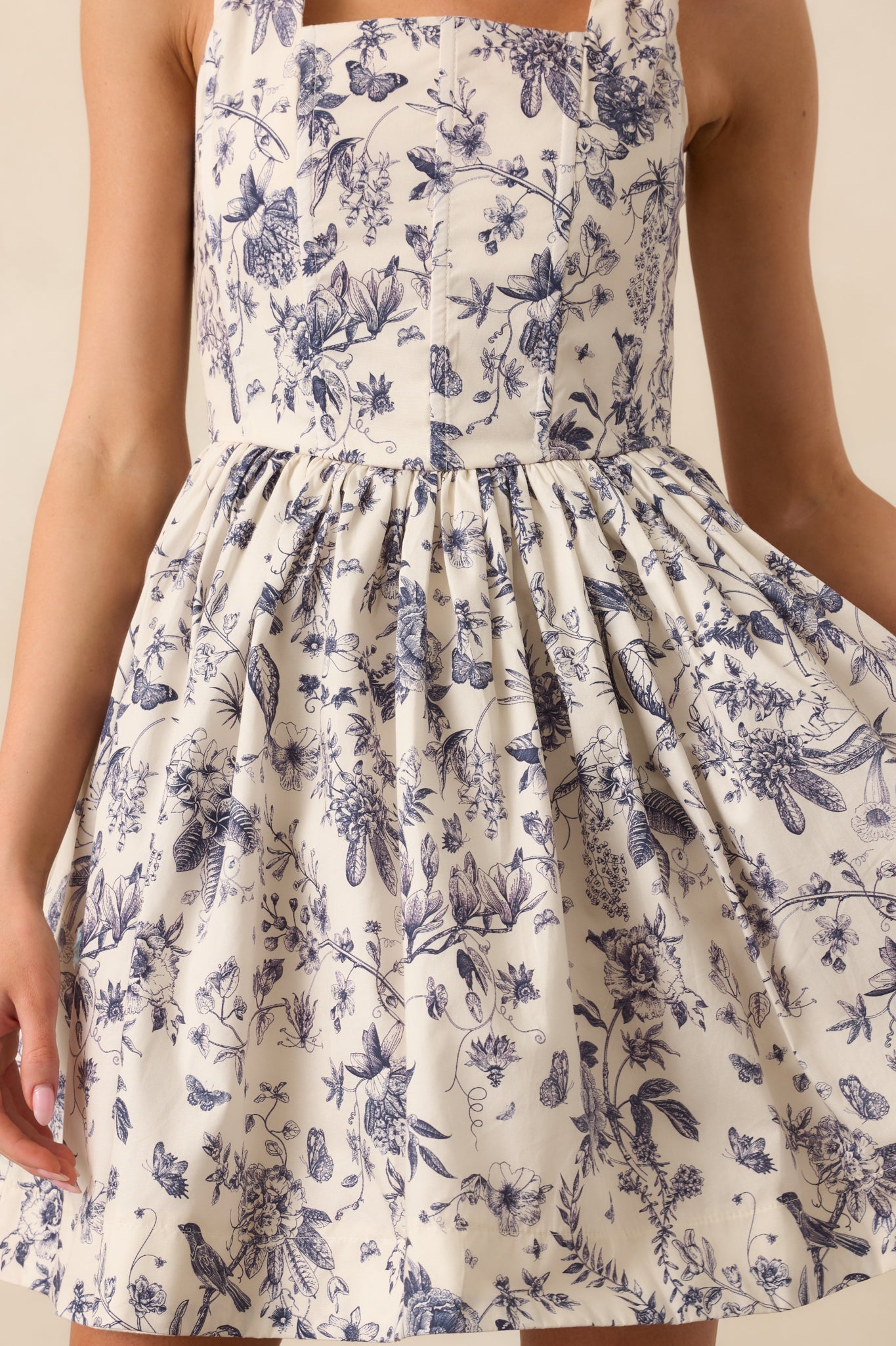 Everything Is Better Ash Blue Floral Toile Cotton Mini Dress