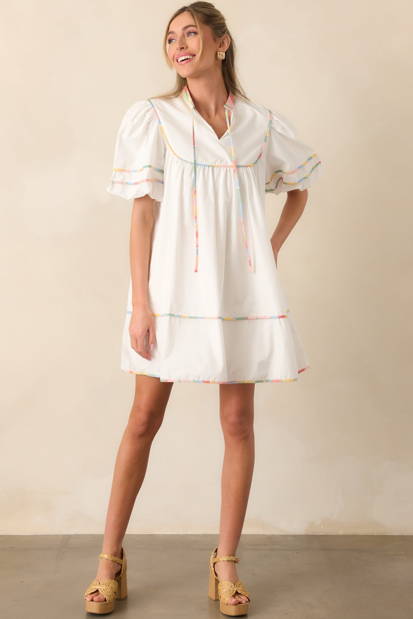 Take Another Look White Multi Floral Trim Cotton Mini Dress