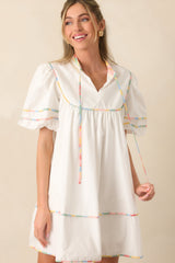 Take Another Look White Multi Floral Trim Cotton Mini Dress