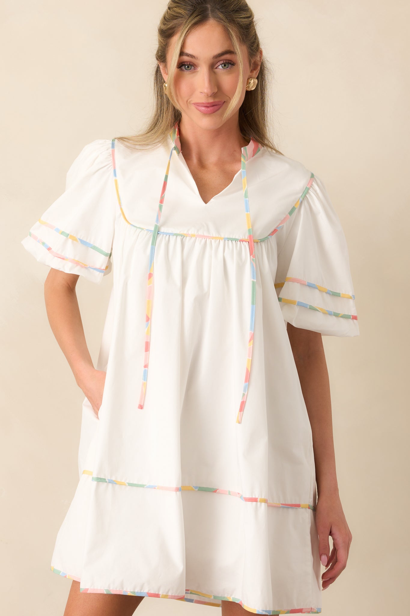 Take Another Look White Multi Floral Trim Cotton Mini Dress