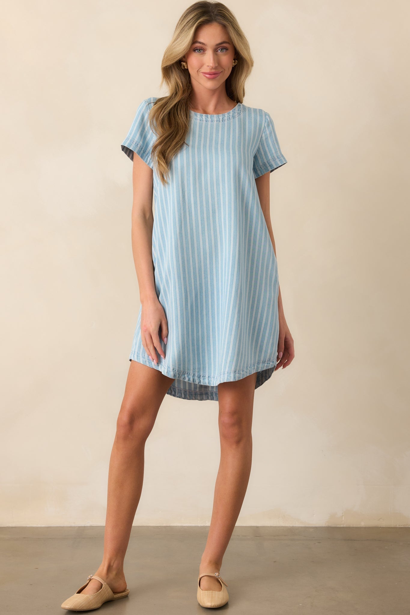 Finding The Courage Light Wash Stripe Chambray Mini Dress