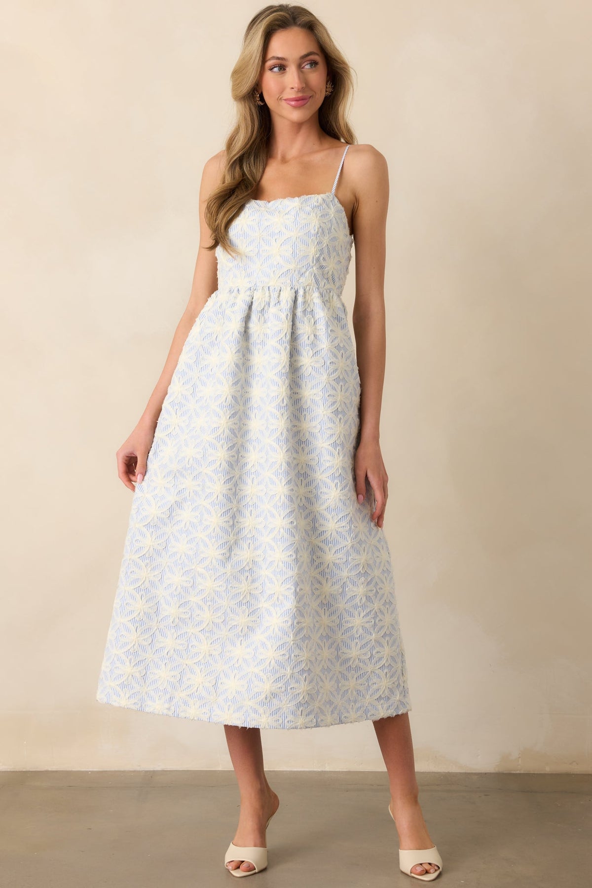 Where My Heart Is Light Blue Stripe Floral Appliqué Midi Dress