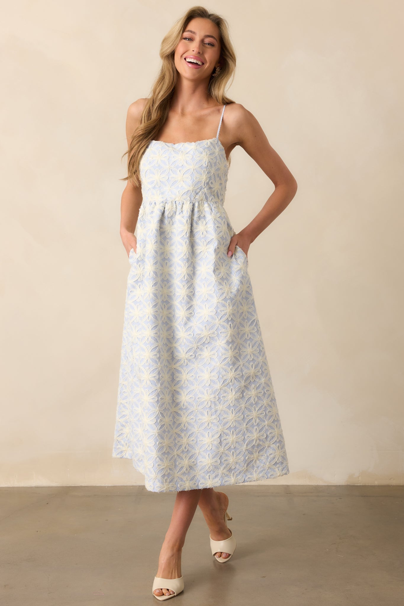 Where My Heart Is Light Blue Stripe Floral Appliqué Midi Dress