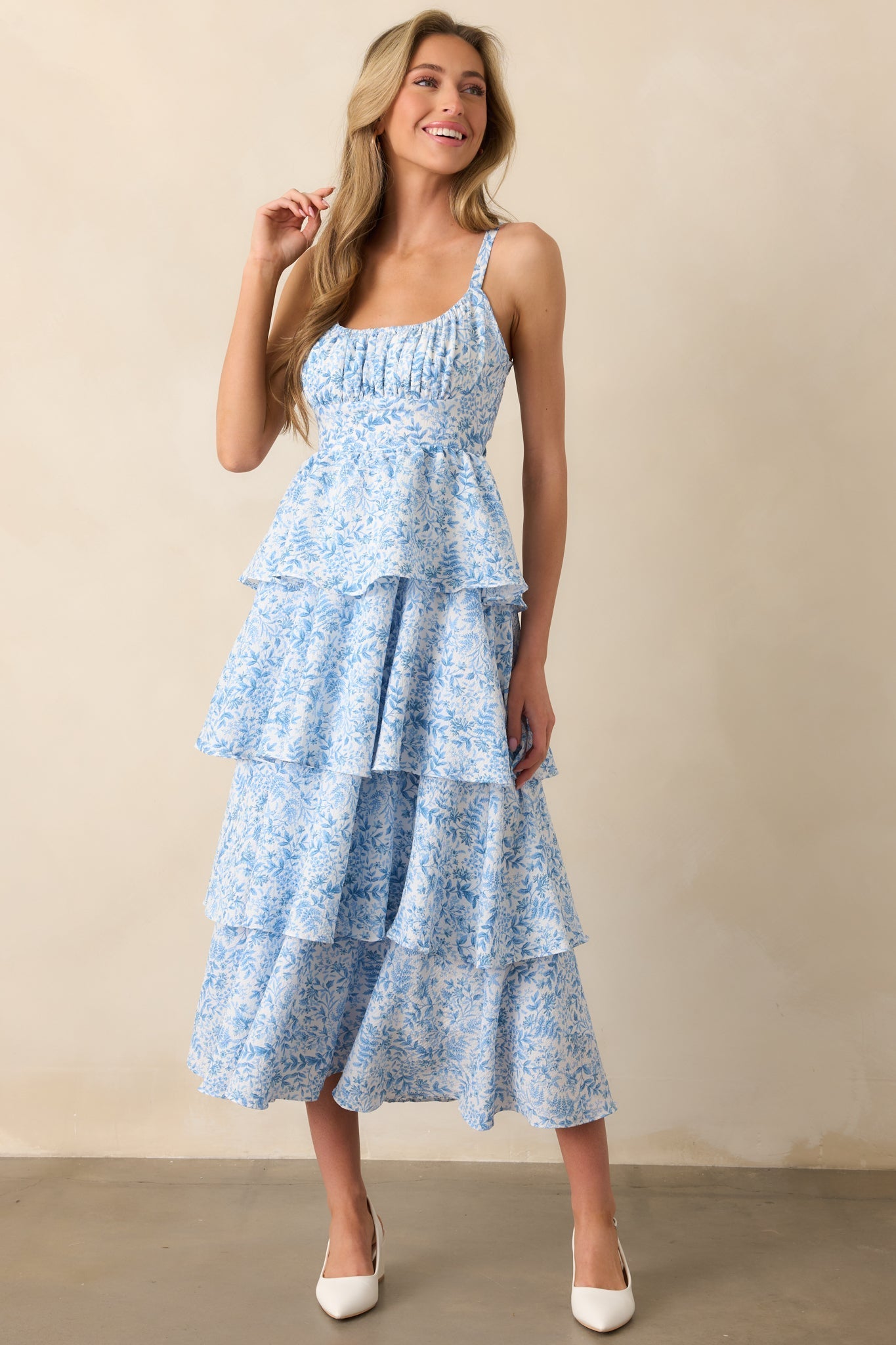 Little Bit Of Sunshine Blue Floral Tiered Maxi Dress