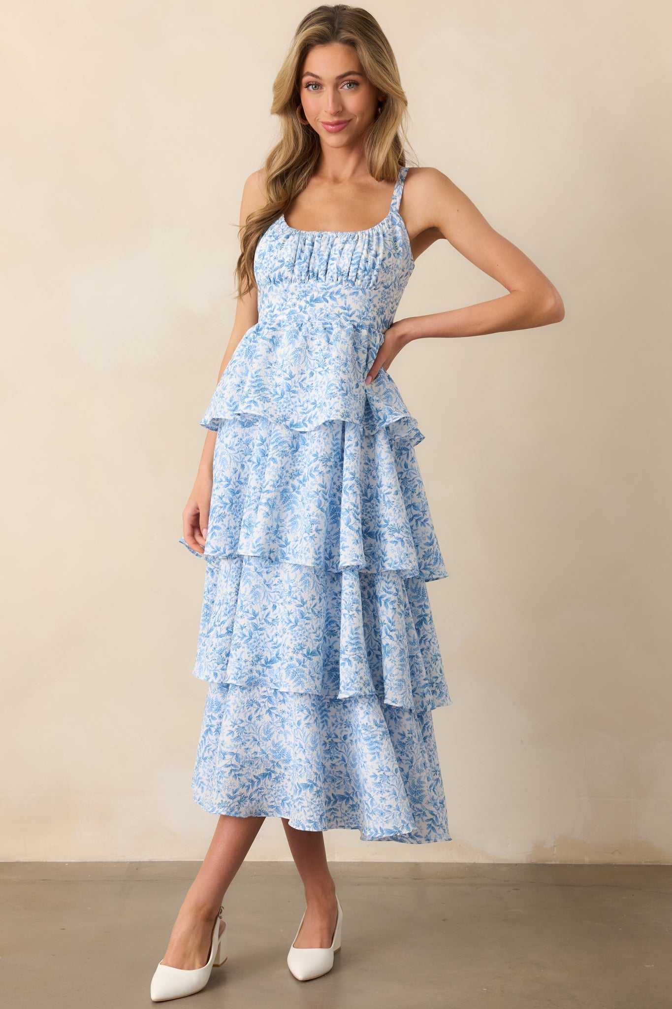 Little Bit Of Sunshine Blue Floral Tiered Maxi Dress