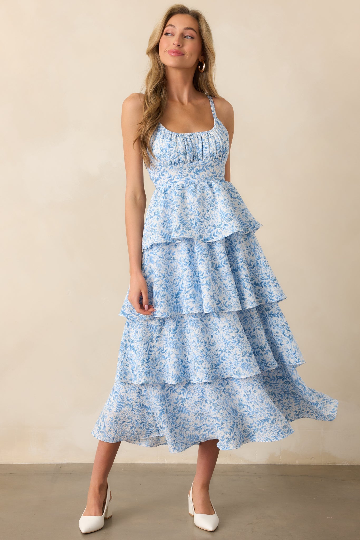Little Bit Of Sunshine Blue Floral Tiered Maxi Dress