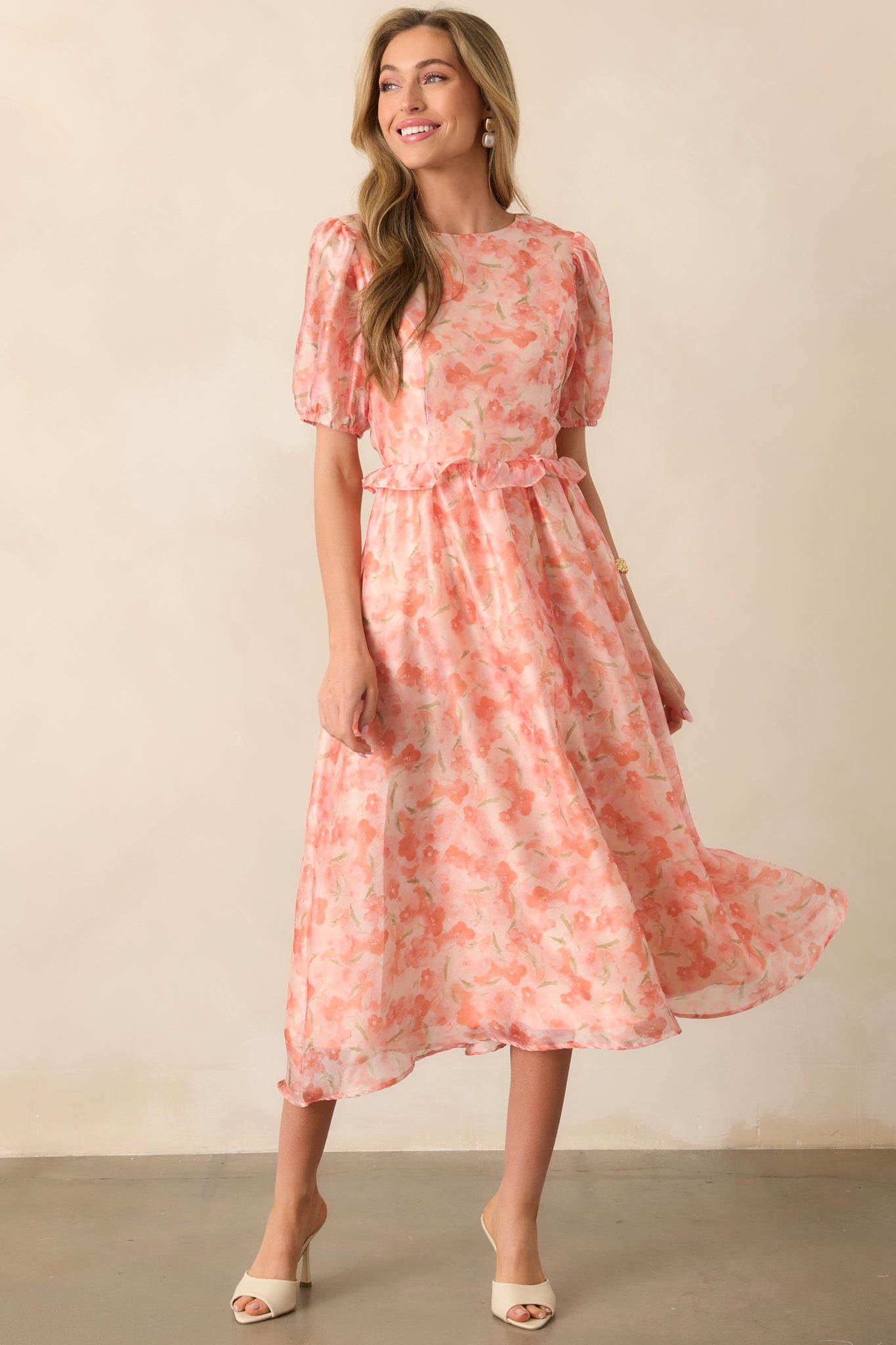 Tale As Old As Time Light Orange Floral Midi Dress