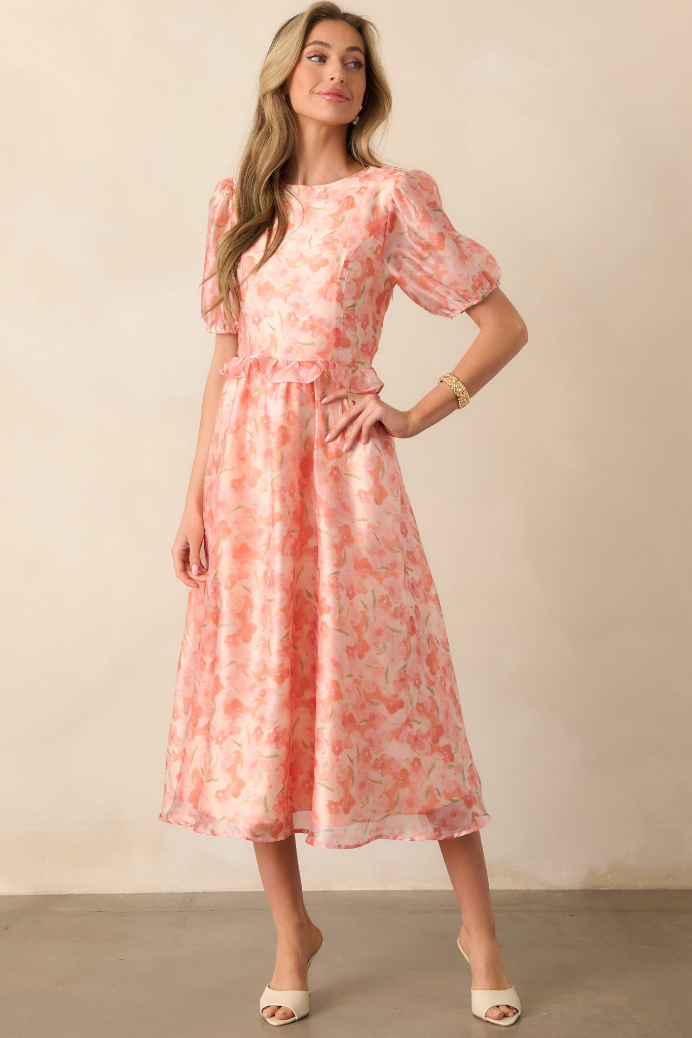 Tale As Old As Time Light Orange Floral Midi Dress
