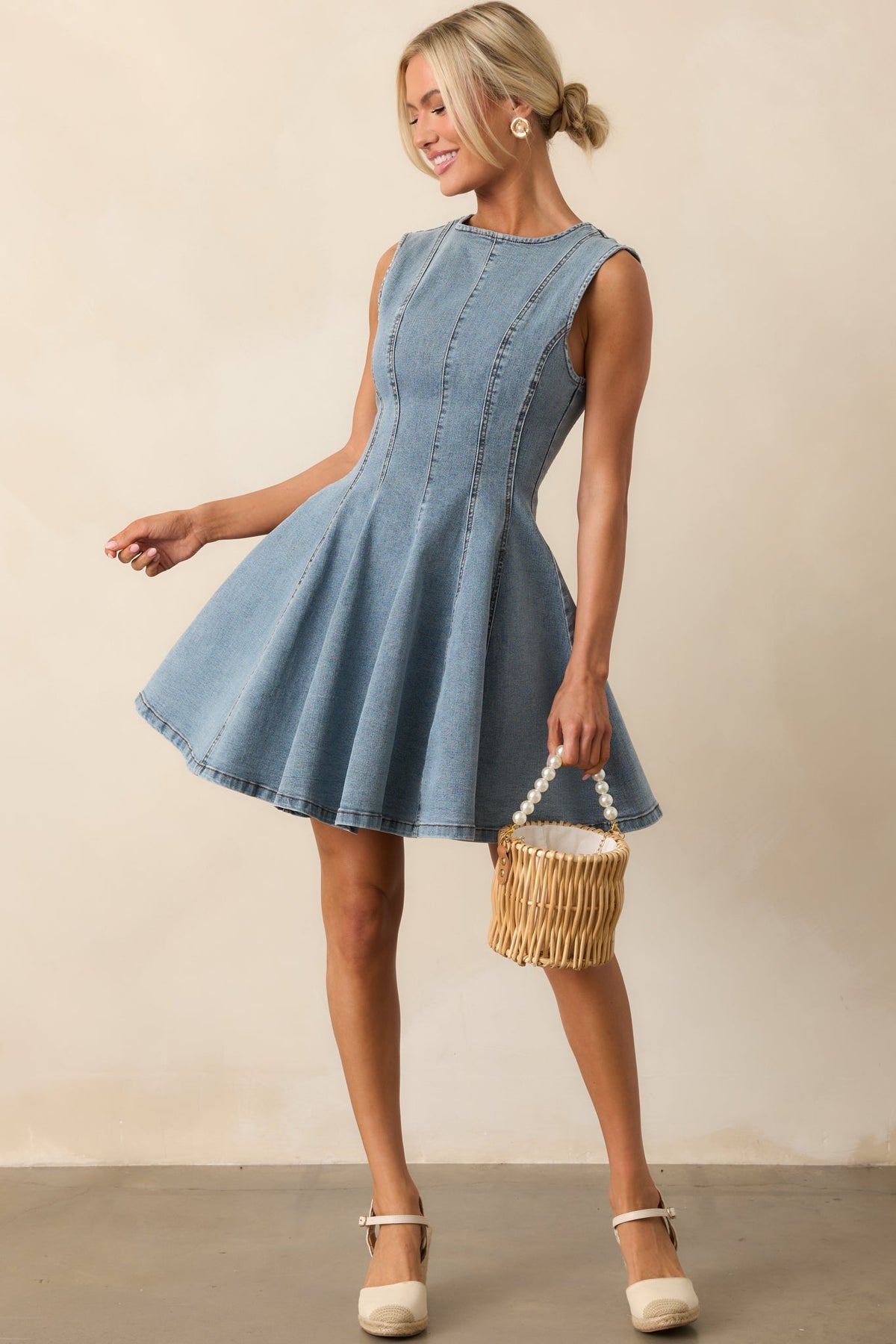 Just A Feeling Light Wash Denim Mini Swing Dress