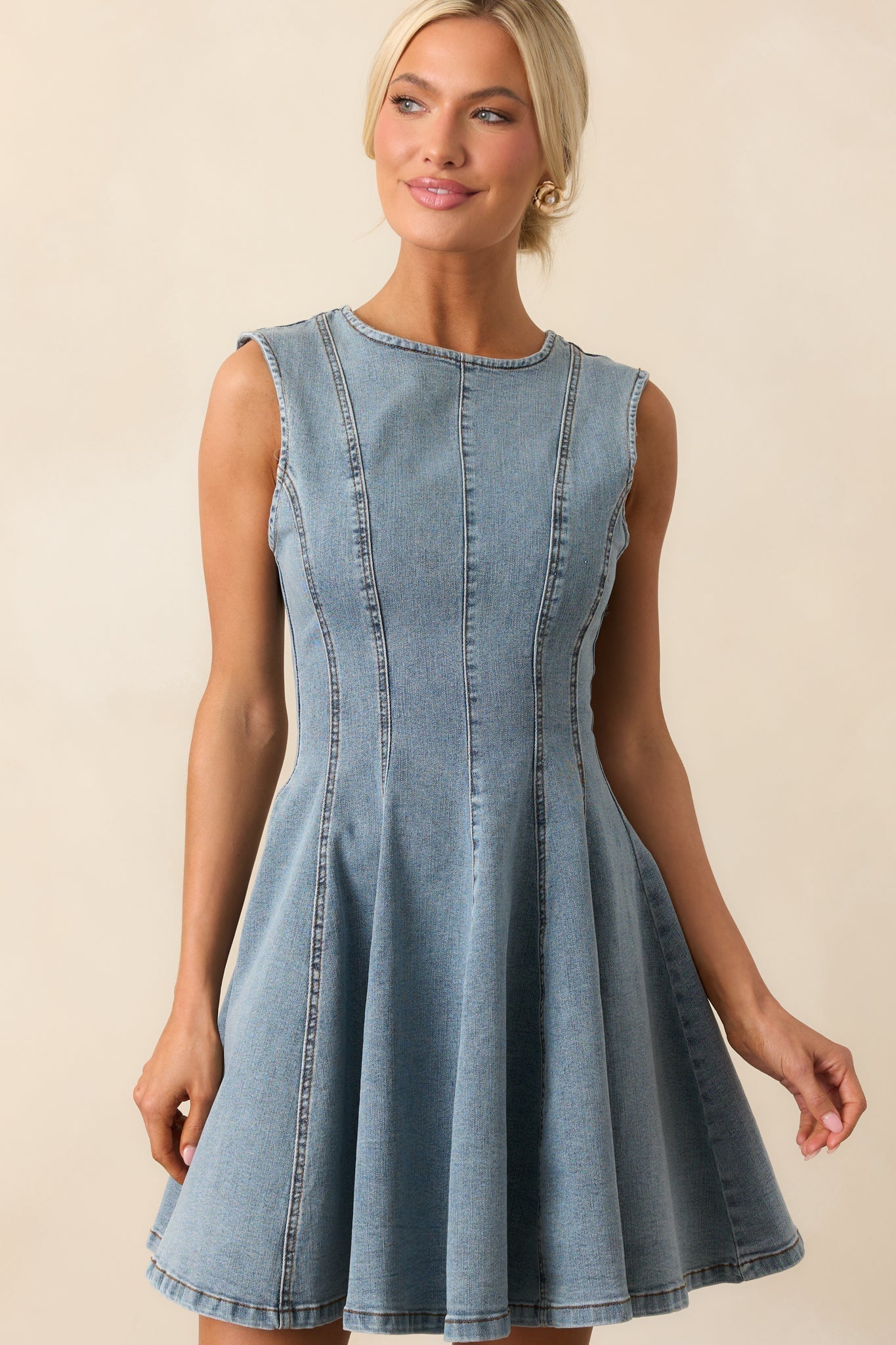 Just A Feeling Light Wash Denim Mini Swing Dress
