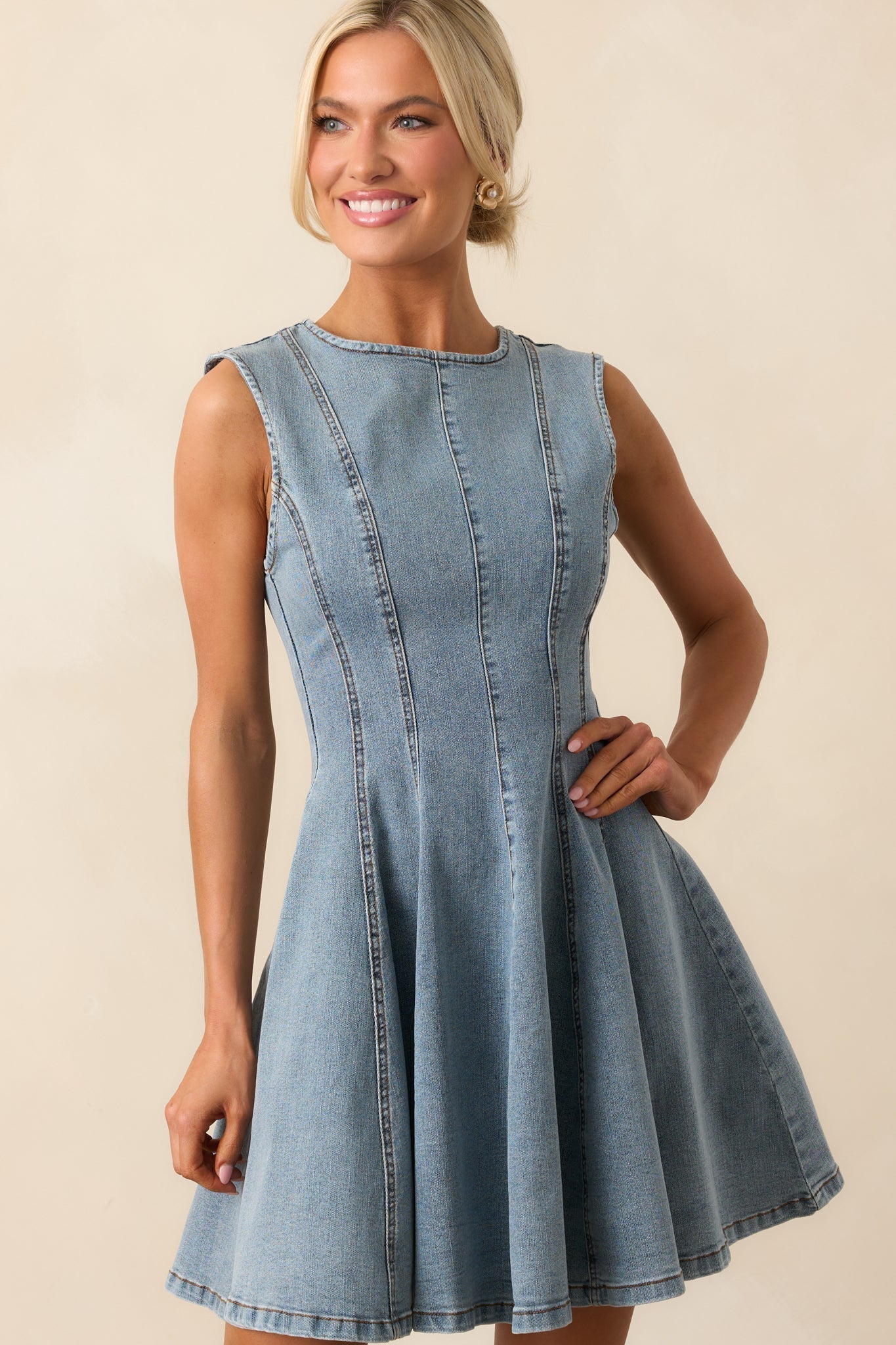 Just A Feeling Light Wash Denim Mini Swing Dress