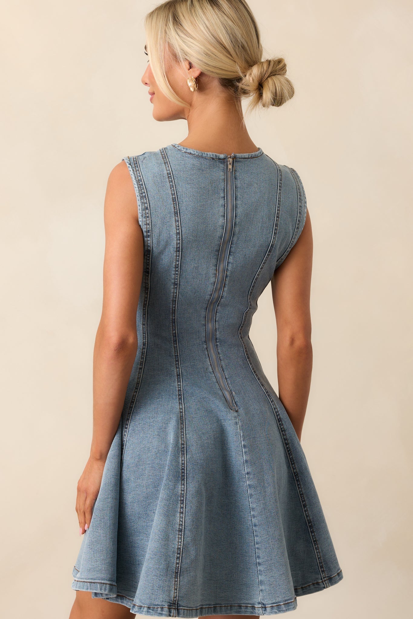 Just A Feeling Light Wash Denim Mini Swing Dress