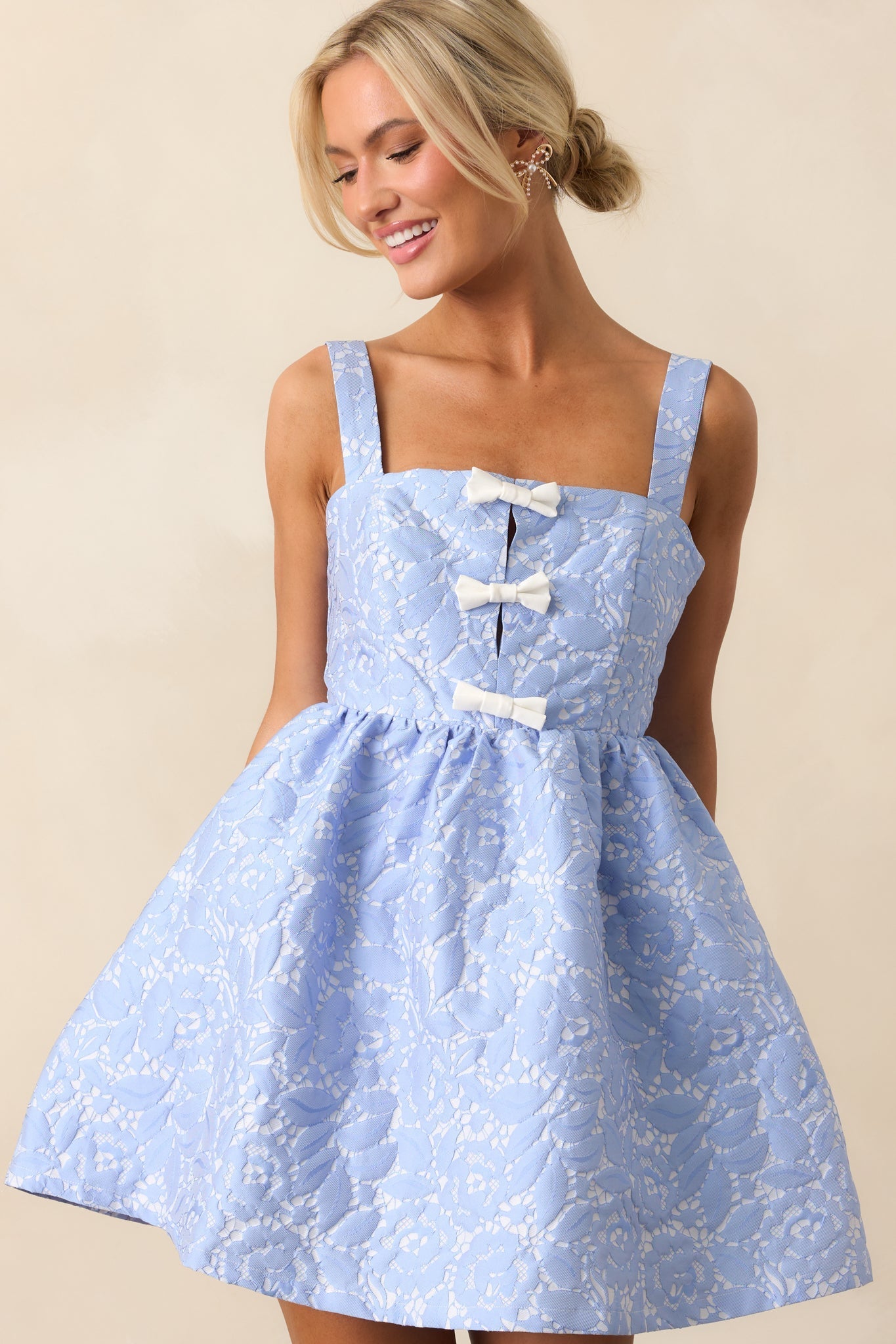 Dance With Destiny Light Blue Floral Jacquard Bow Front Mini Dress