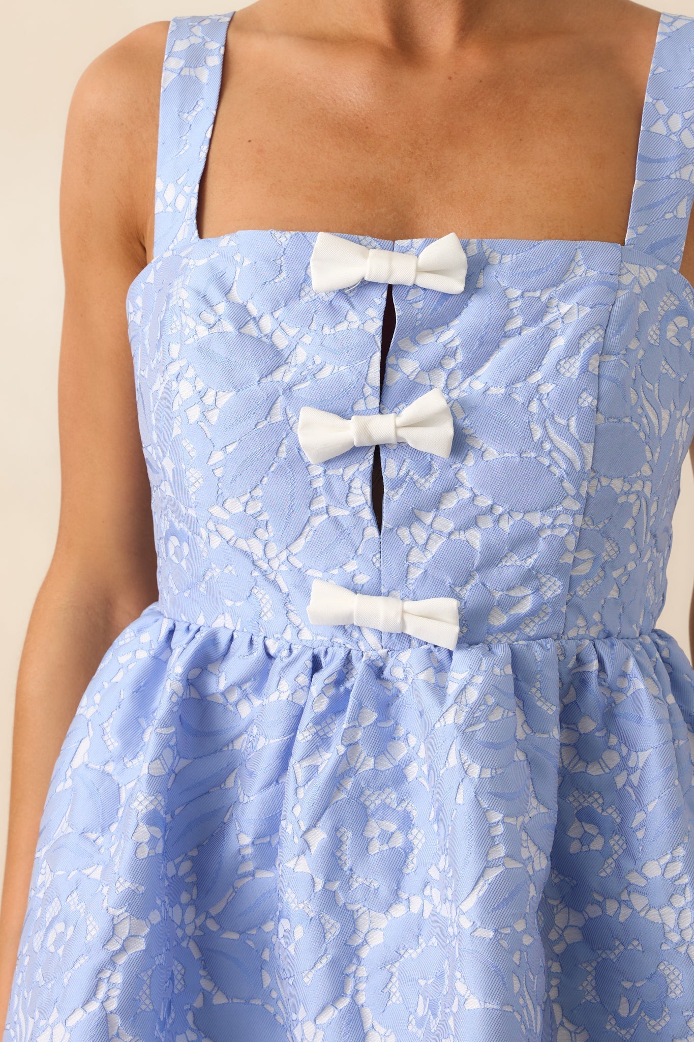 Dance With Destiny Light Blue Floral Jacquard Bow Front Mini Dress
