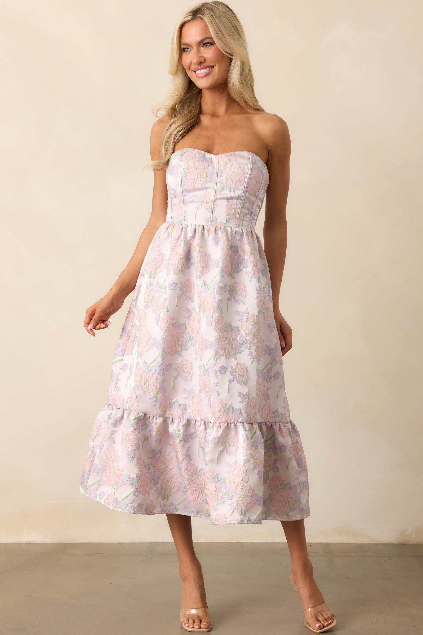 In The Spotlight Lavender Floral Jacquard Strapless Midi Dress