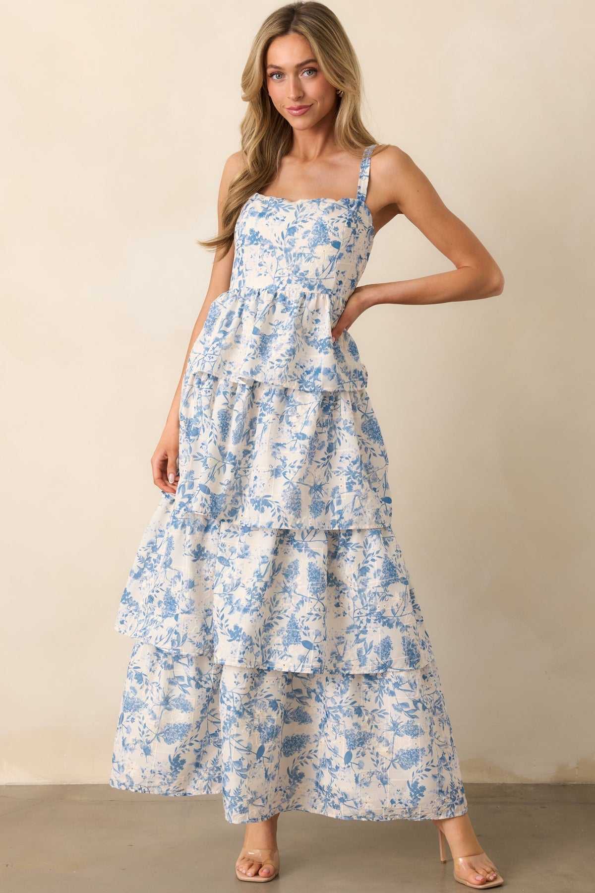Happy To Be Here Blue Floral Embroidered Eyelet Maxi Dress