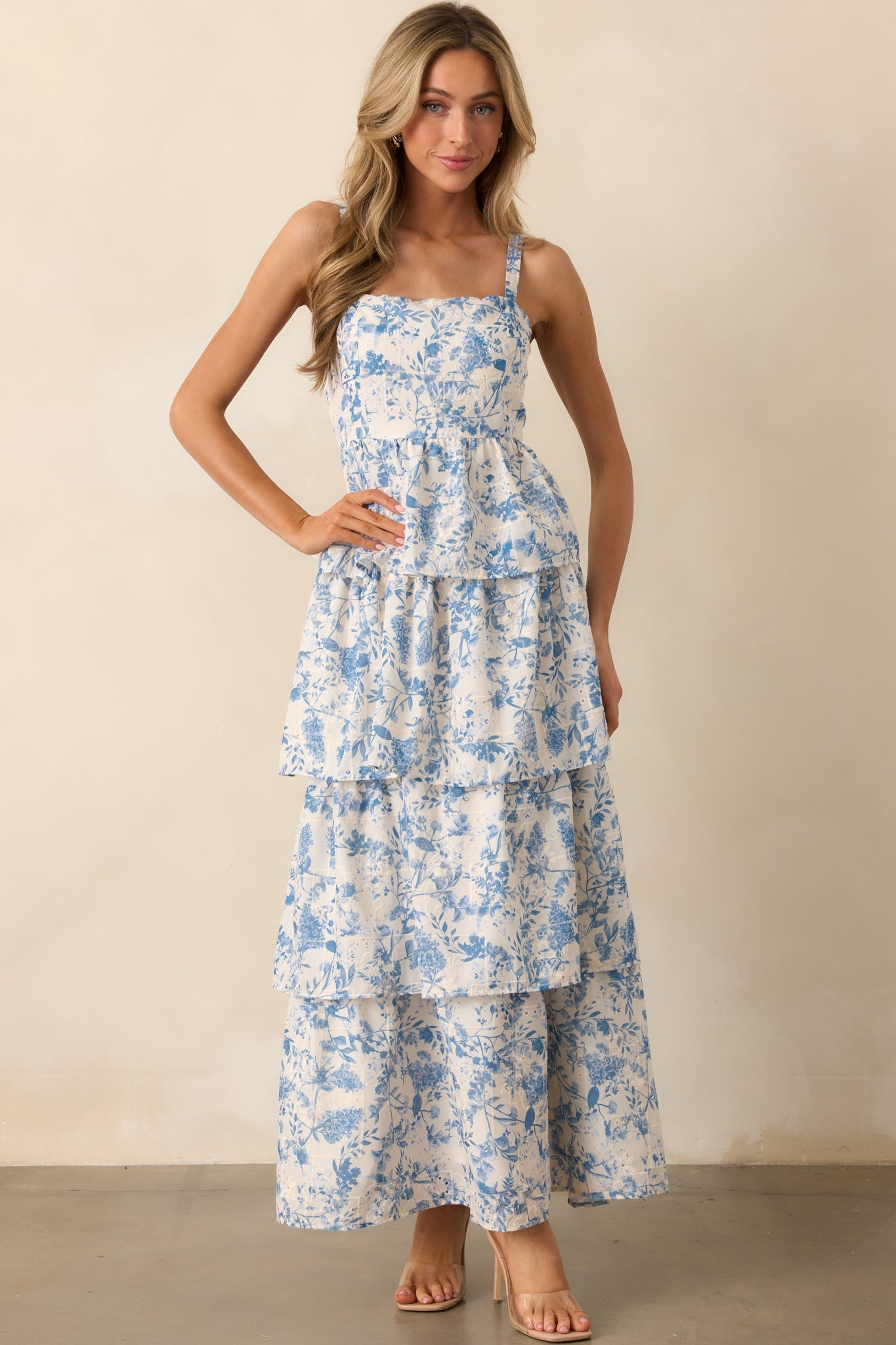 Happy To Be Here Blue Floral Embroidered Eyelet Maxi Dress