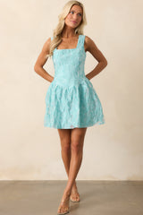 Beyond The Surface Turquoise Blue Floral Jacquard Mini Dress