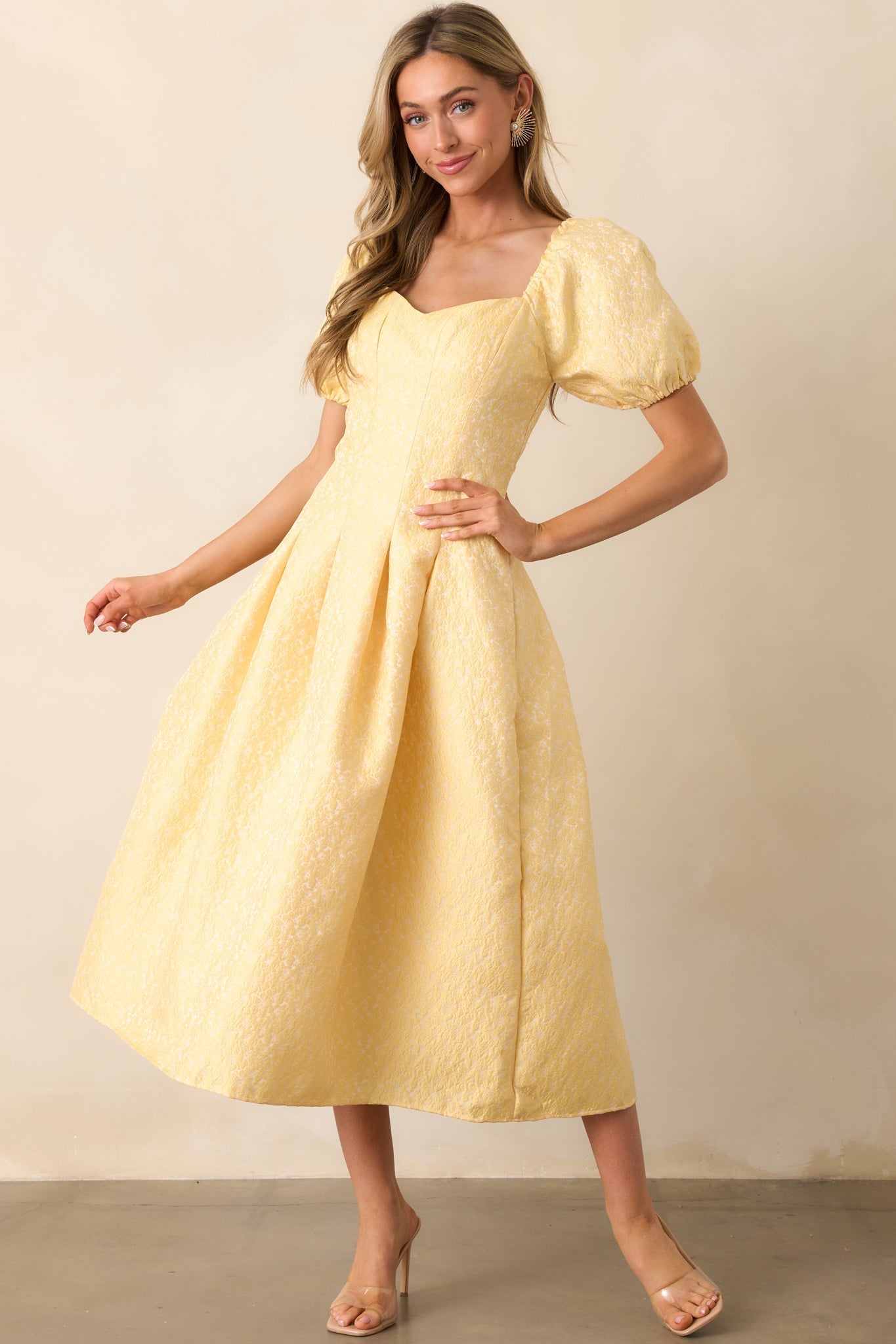 Shine So Bright Yellow Floral Jacquard Puff Sleeve Maxi Dress