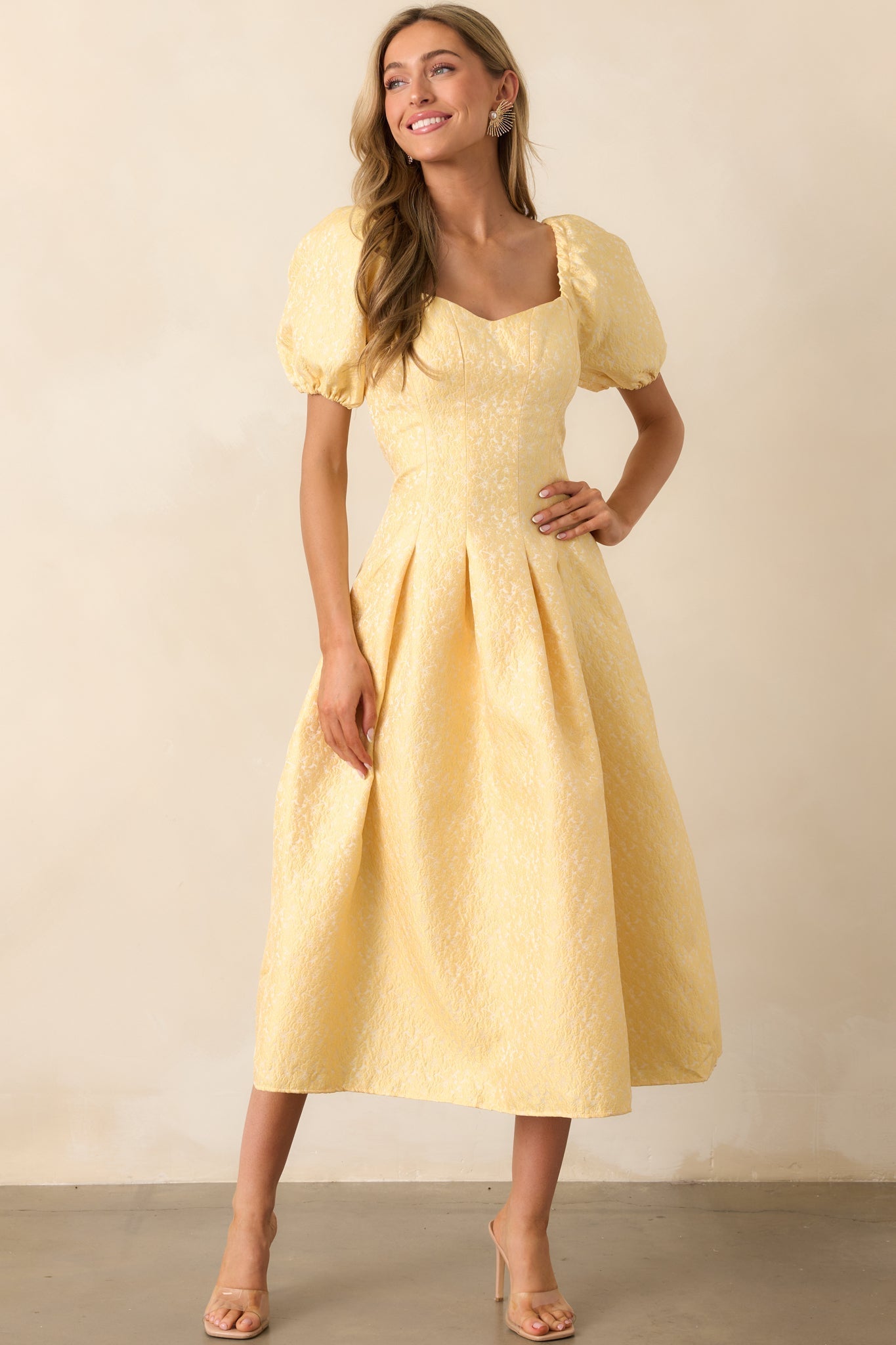 Shine So Bright Yellow Floral Jacquard Puff Sleeve Maxi Dress