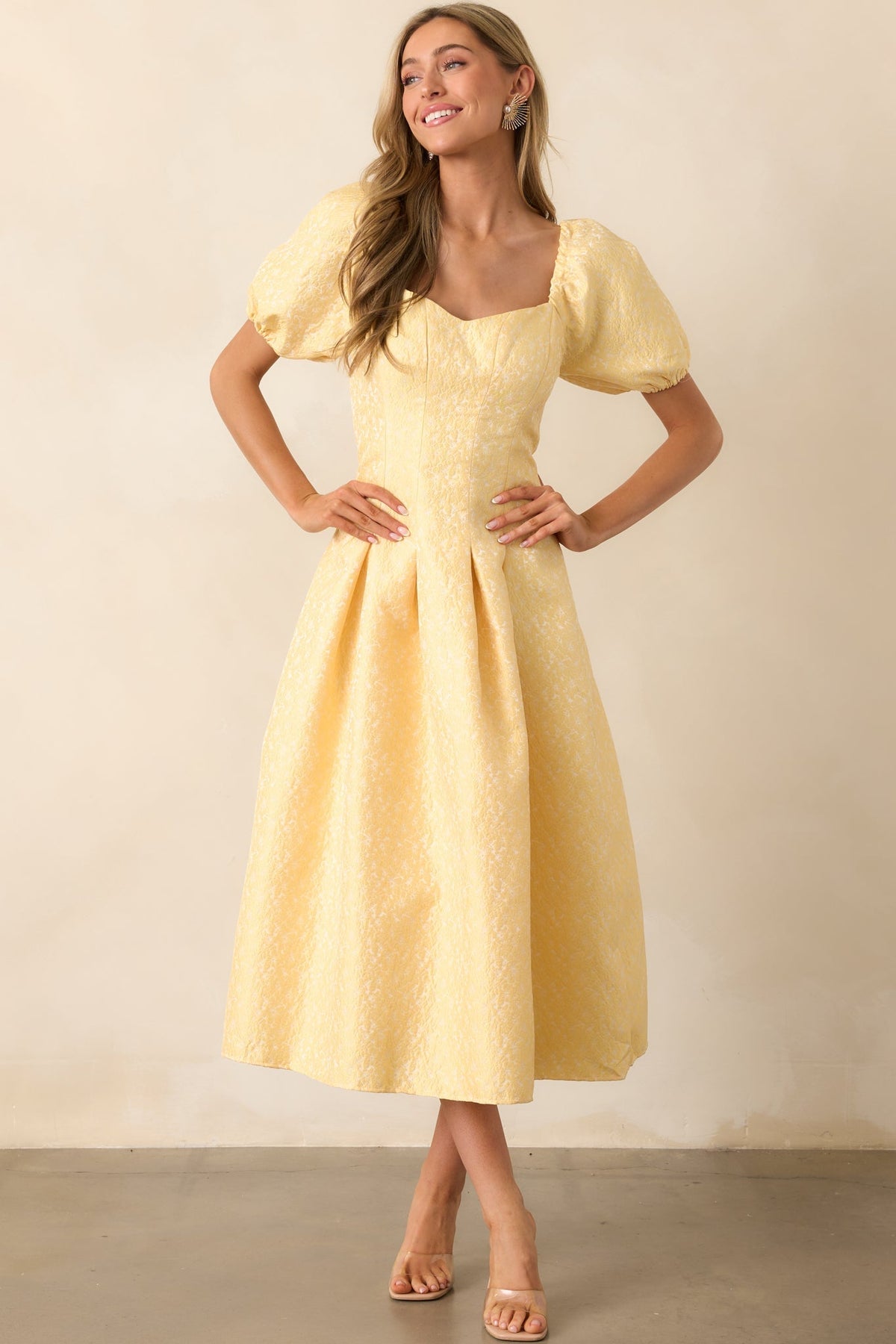 Shine So Bright Yellow Floral Jacquard Puff Sleeve Maxi Dress