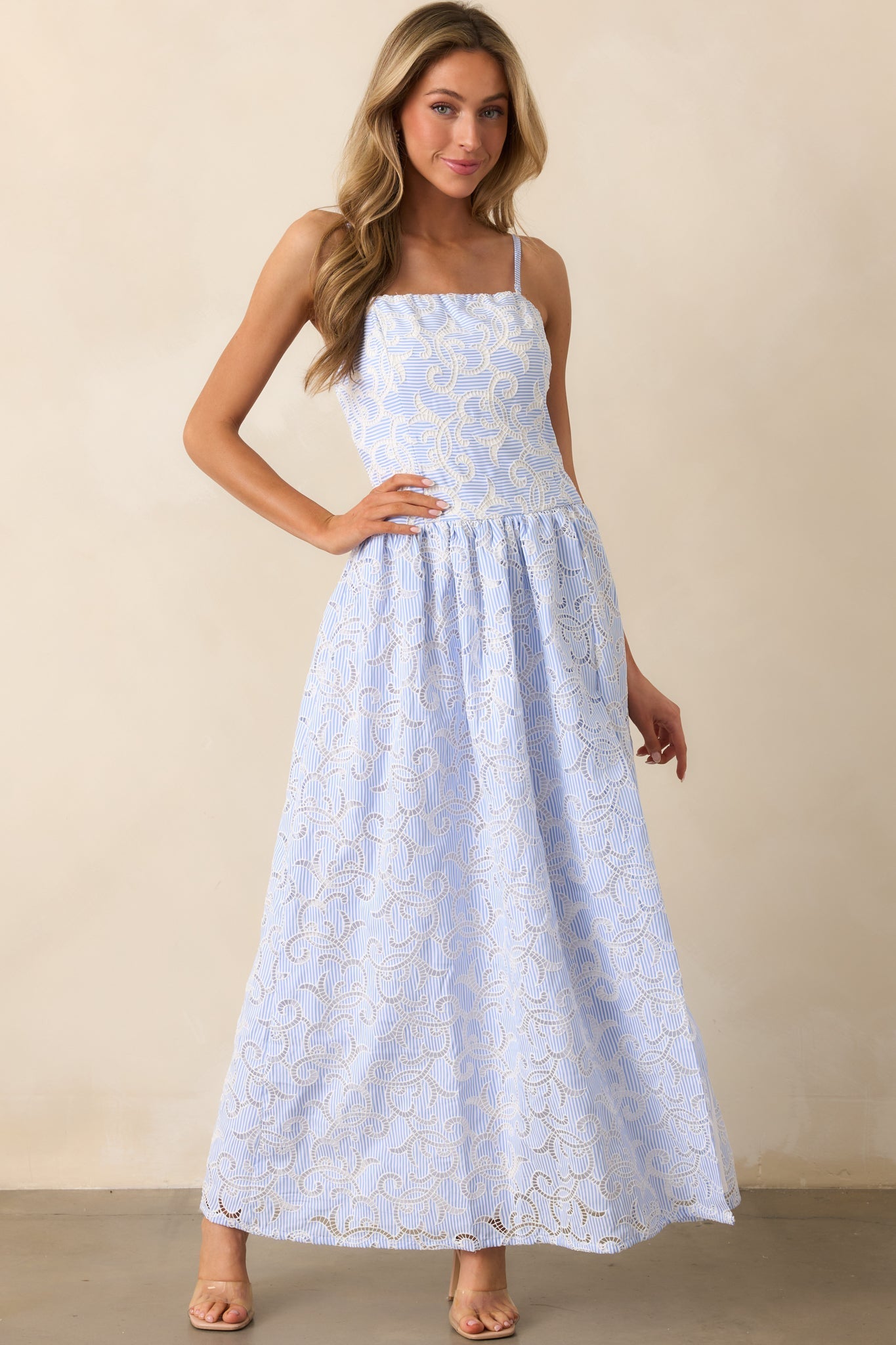 The Space Between Blue Stripe Embroidered Eyelet Maxi Dress
