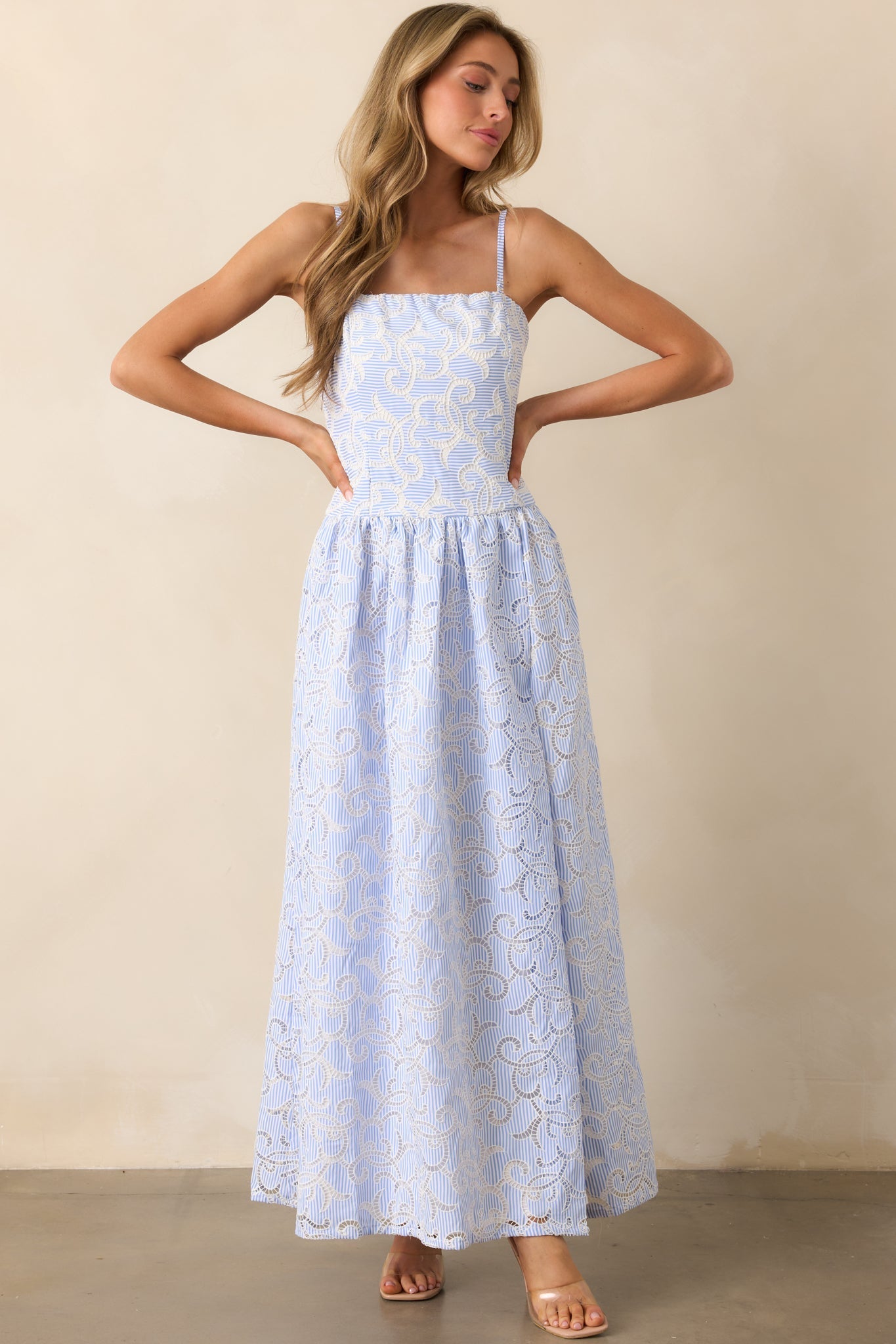 The Space Between Blue Stripe Embroidered Eyelet Maxi Dress