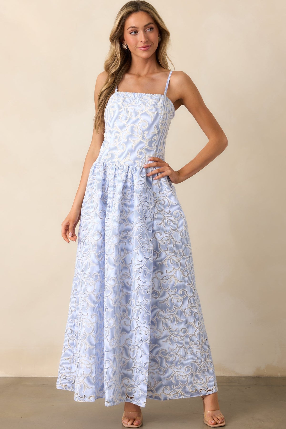 The Space Between Blue Stripe Embroidered Eyelet Maxi Dress