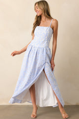 The Space Between Blue Stripe Embroidered Eyelet Maxi Dress