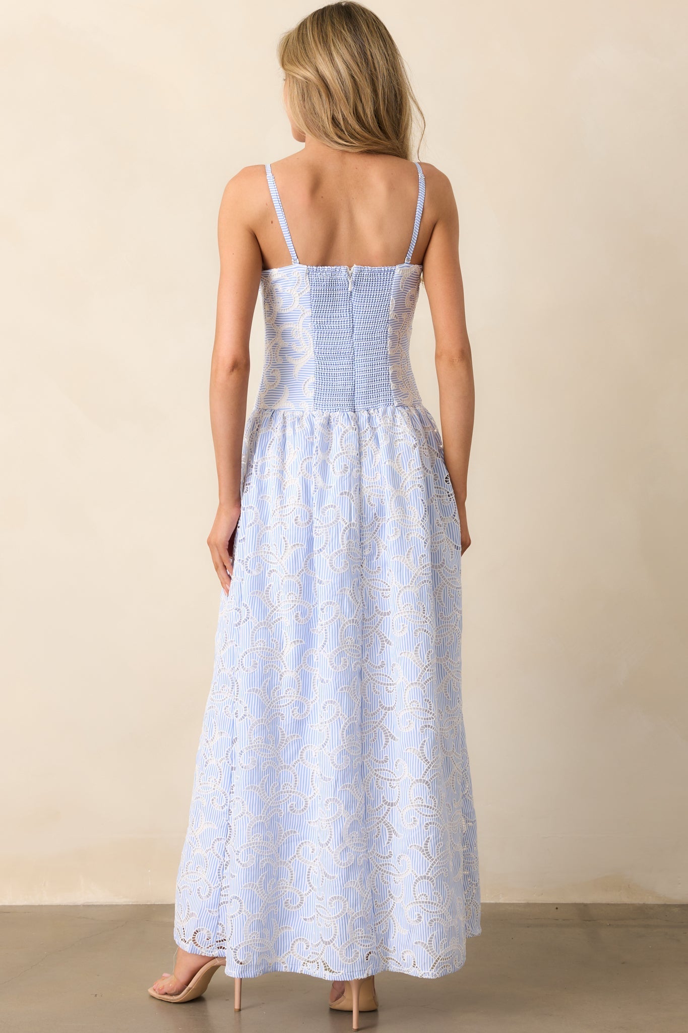 The Space Between Blue Stripe Embroidered Eyelet Maxi Dress