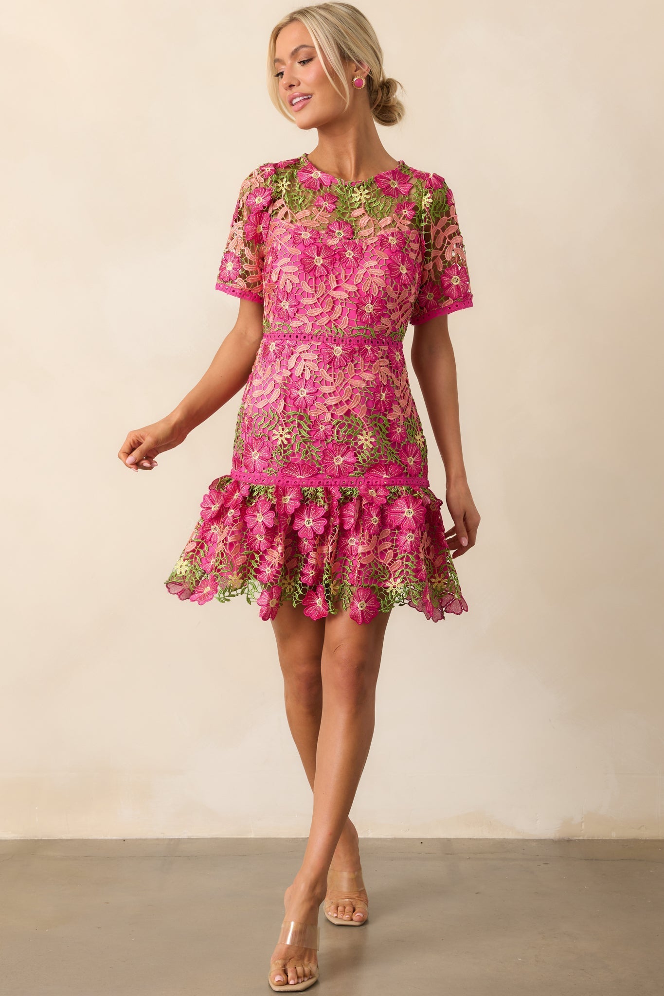 A Work Of Art Magenta Pink Floral Embroidered Mini Dress