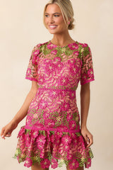 A Work Of Art Magenta Pink Floral Embroidered Mini Dress