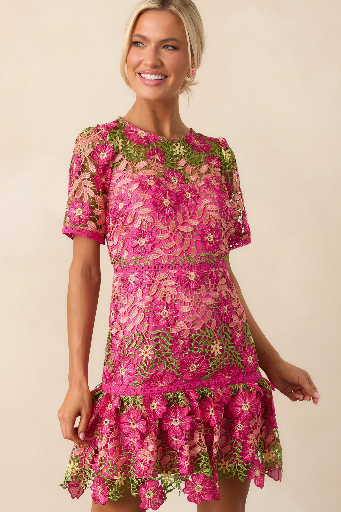 A Work Of Art Magenta Pink Floral Embroidered Mini Dress