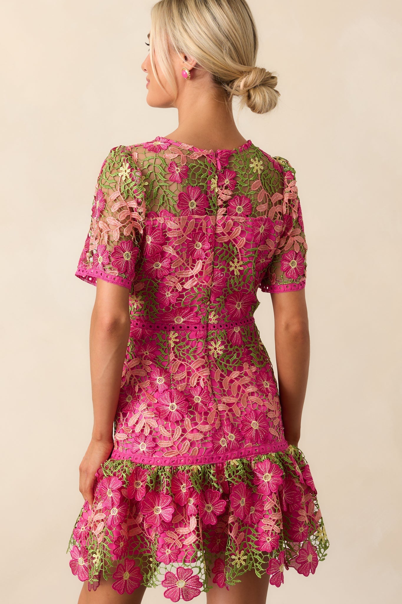 A Work Of Art Magenta Pink Floral Embroidered Mini Dress