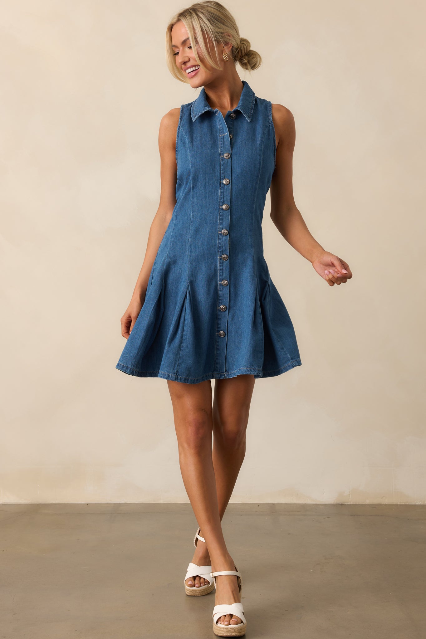 Simply Put Medium Wash Denim Drop Waist Mini Dress