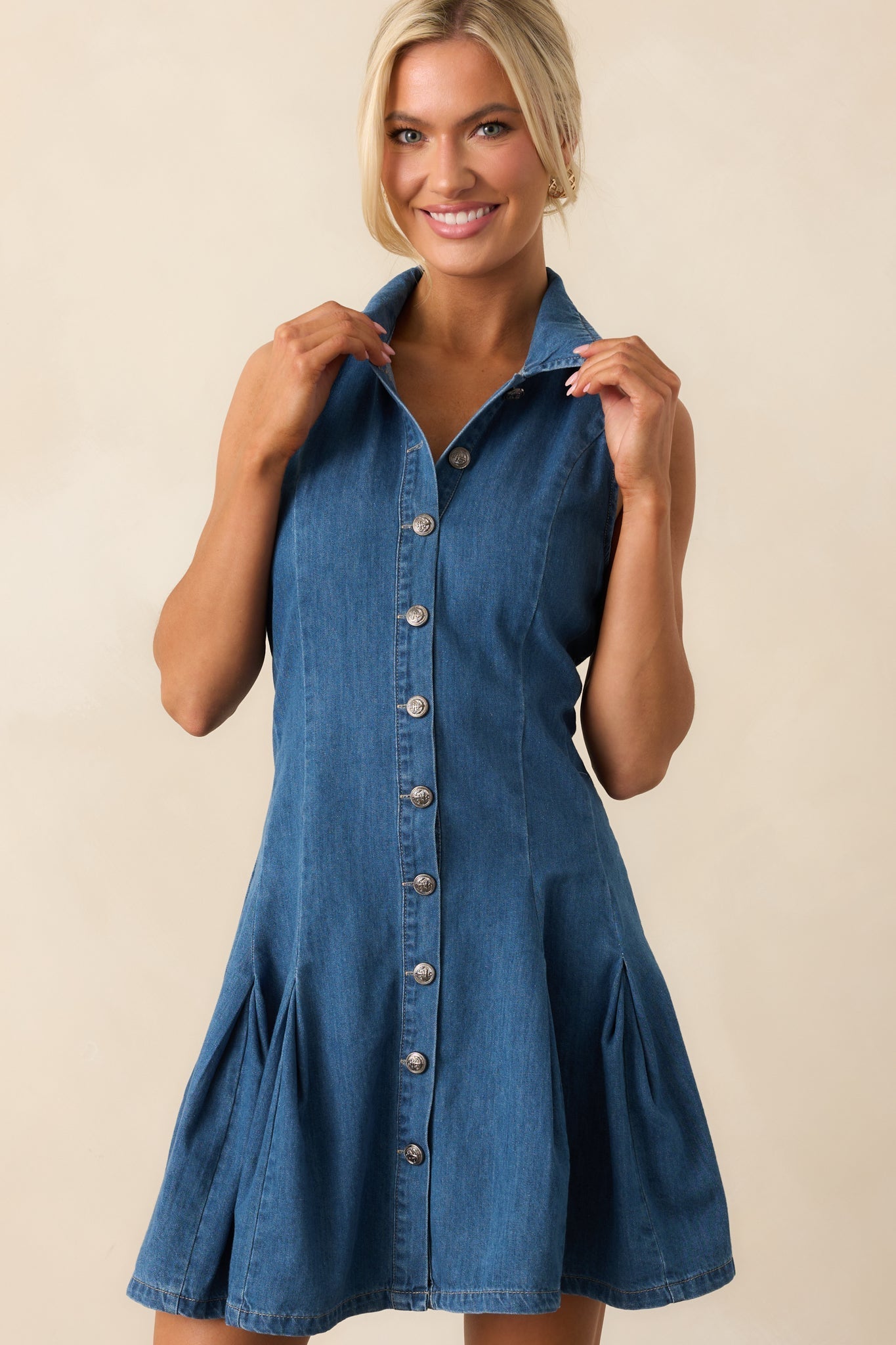 Simply Put Medium Wash Denim Drop Waist Mini Dress