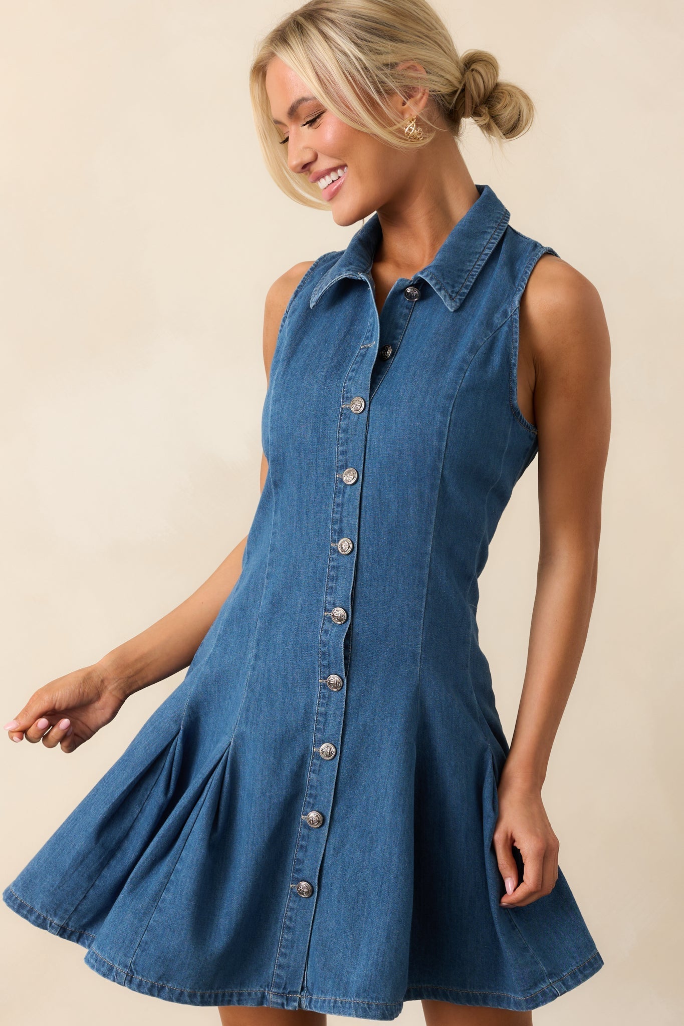 Simply Put Medium Wash Denim Drop Waist Mini Dress