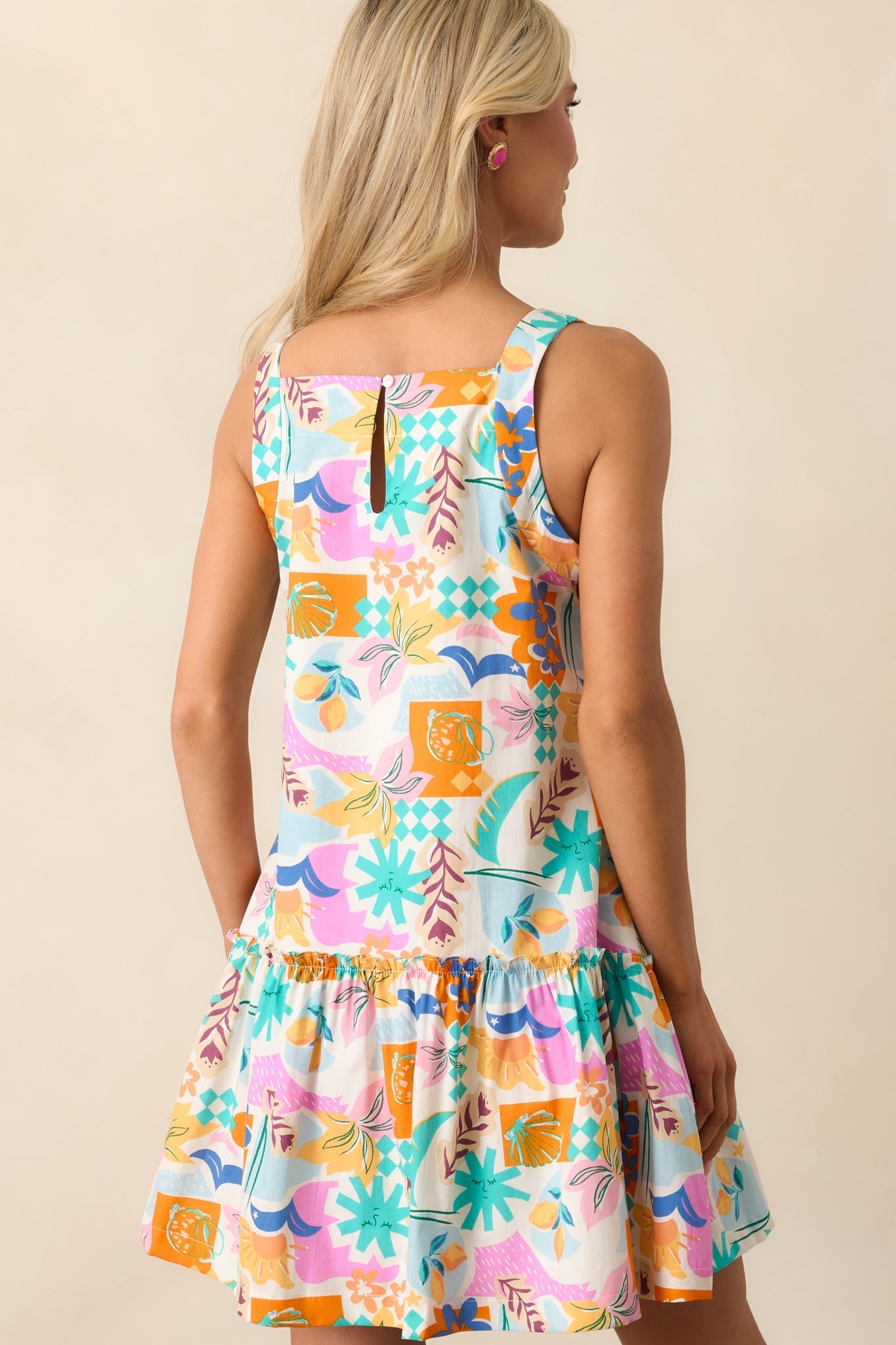 Roll With It Pink Tropical Print Cotton Drop Waist Mini Dress