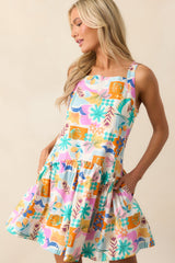 Roll With It Pink Tropical Print Cotton Drop Waist Mini Dress