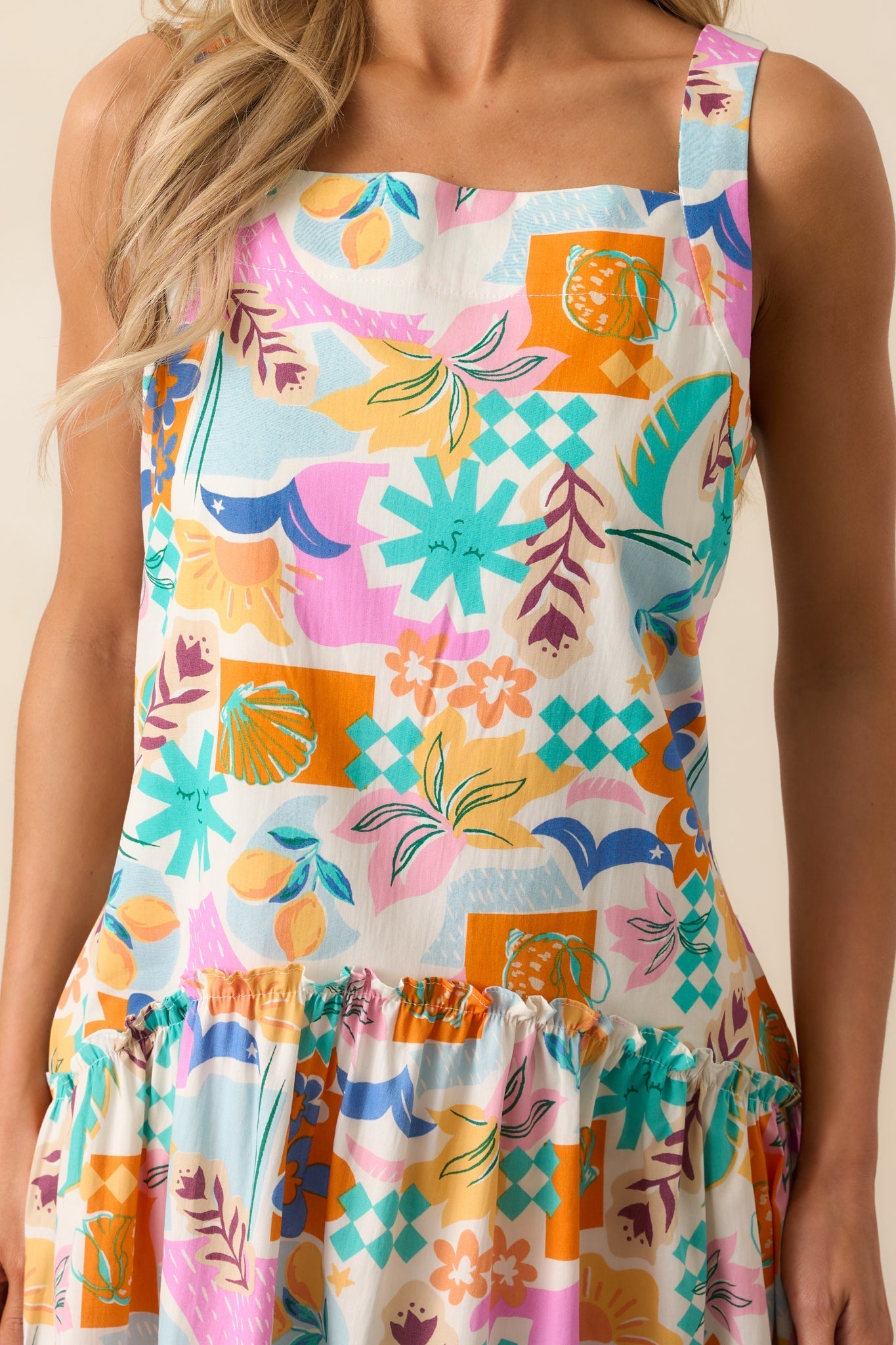 Roll With It Pink Tropical Print Cotton Drop Waist Mini Dress