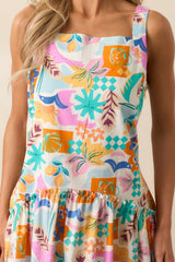 Roll With It Pink Tropical Print Cotton Drop Waist Mini Dress