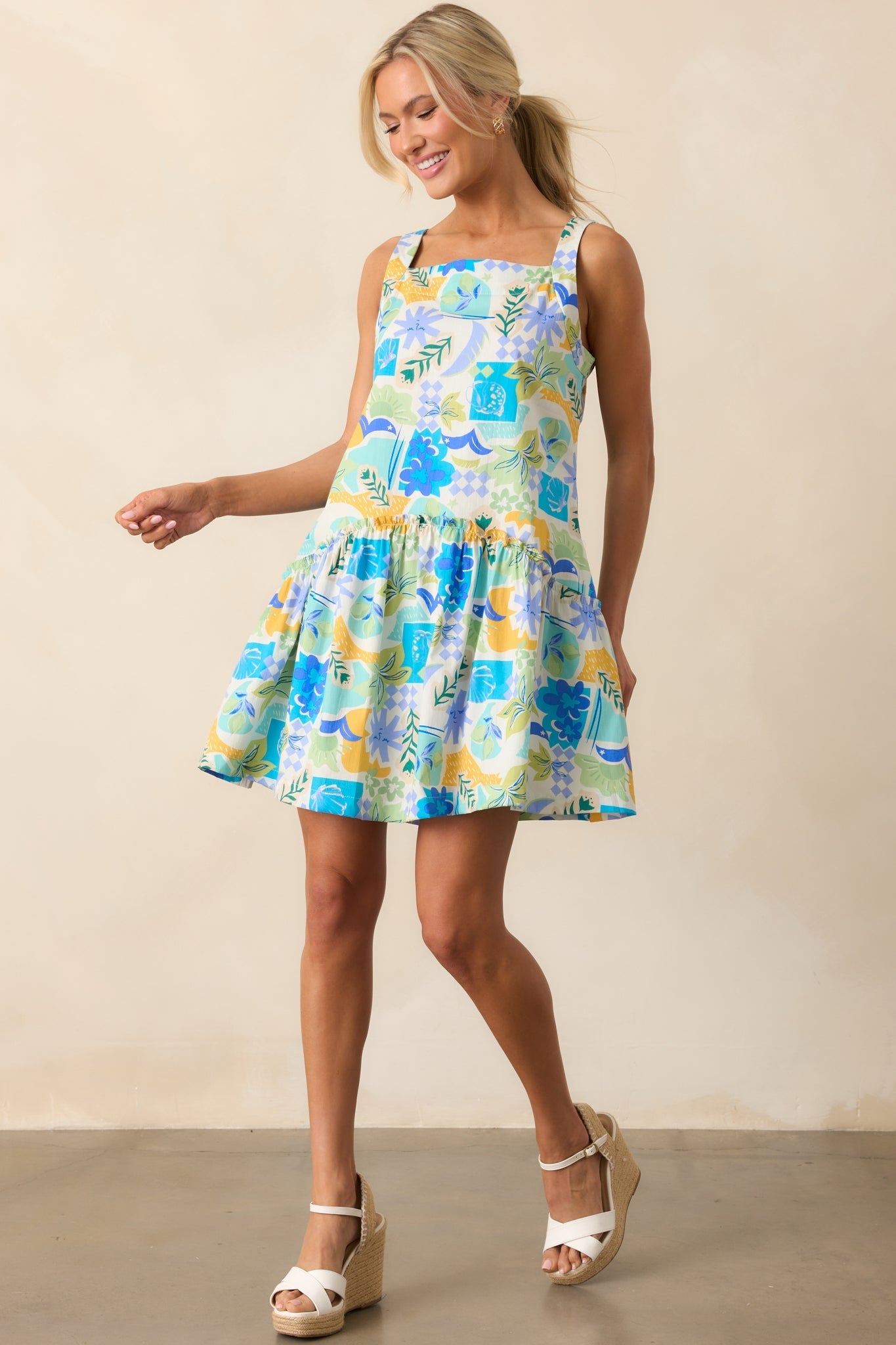 Roll With It Blue Tropical Print Cotton Drop Waist Mini Dress