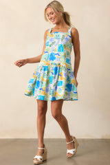 Roll With It Blue Tropical Print Cotton Drop Waist Mini Dress