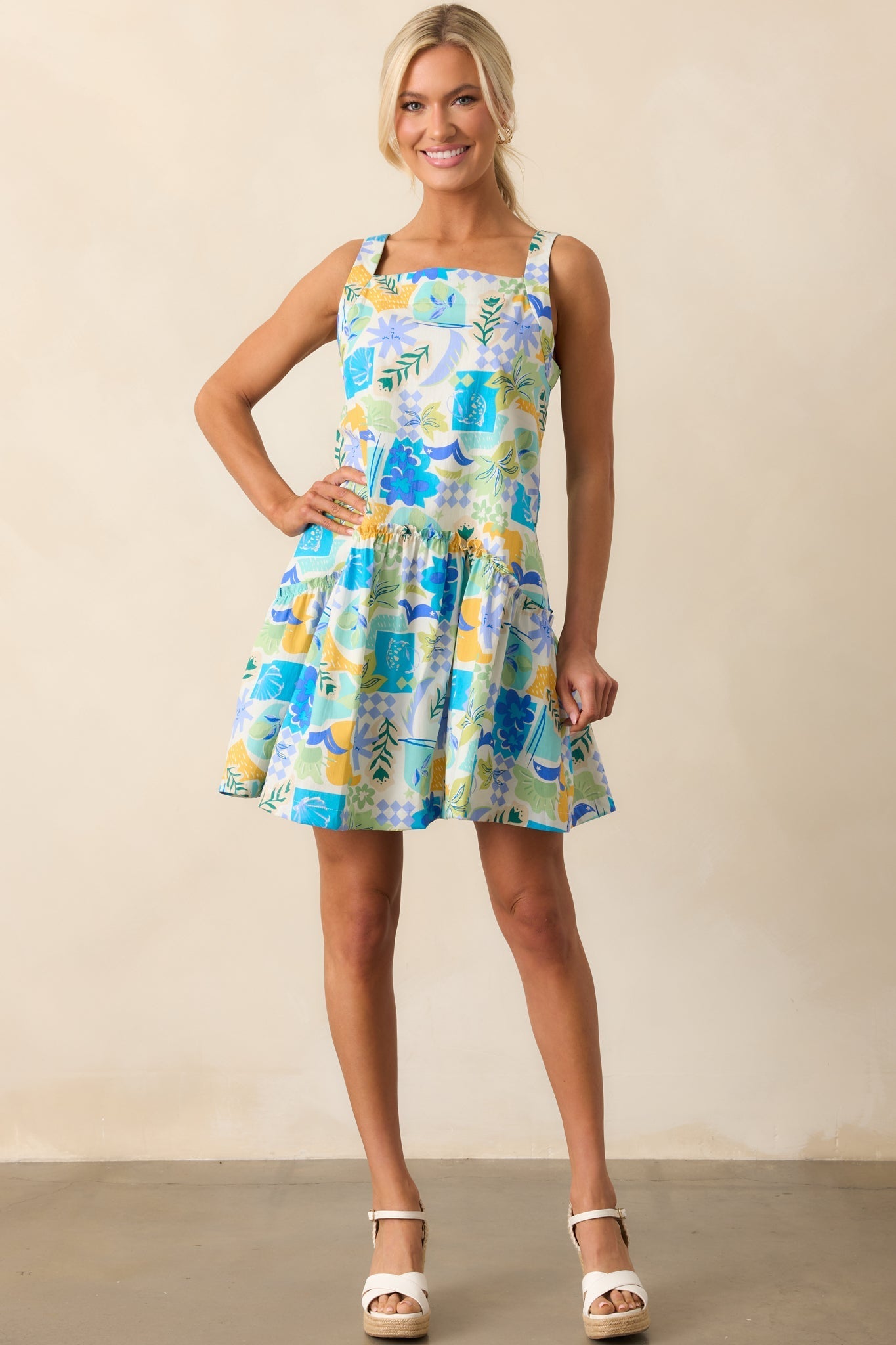 Roll With It Blue Tropical Print Cotton Drop Waist Mini Dress